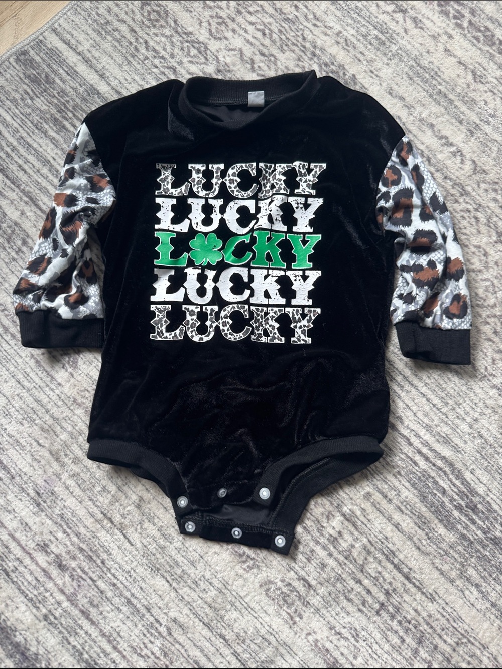 Kids Black 'Lucky' Velvet One-Piece with Leopard Sleeves